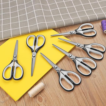 7” Titanium Student Scissors, Stainless Steel Professional Multi-Purpose Scissors with Titanium Coated Blades, Soft Grip Handle, Grey Black, 6 Pieces Set