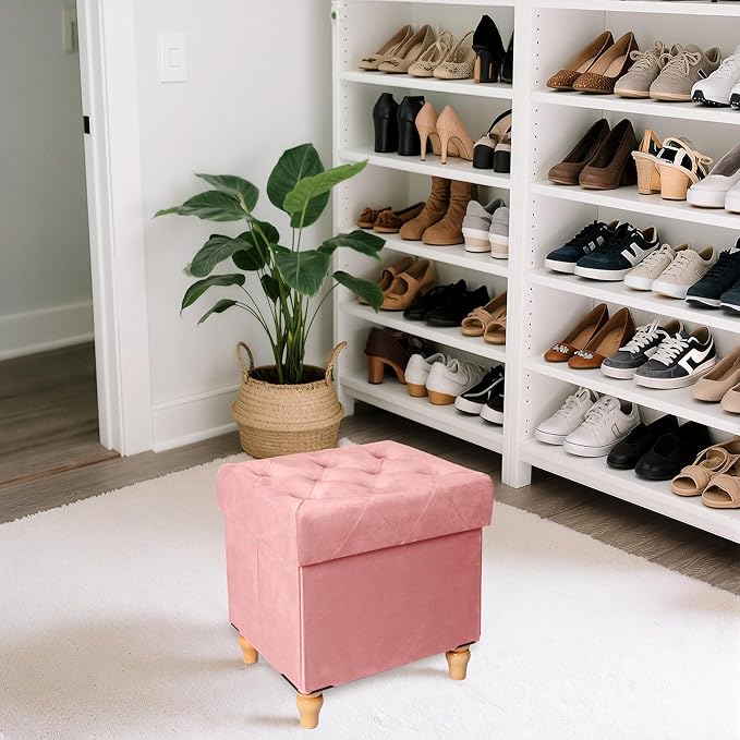 CAROLMADE Folding Storage Ottoman Cube Velvet Footstool with Wood Legs Ottoman Footrest for Living Room and Bedroom Pink, Grey 15"x12.6"x15.4"