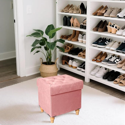 CAROLMADE Folding Storage Ottoman Cube Velvet Footstool with Wood Legs Ottoman Footrest for Living Room and Bedroom Pink, Grey 15"x12.6"x15.4"