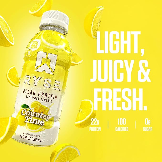RYSE Clear Protein Drink - Country Time Lemonade - 100 Calories, 22g Whey Isolate Protein Shake, Sugar-Free, 0g Fat & Lactose-Free - Refreshing Ready-to-Drink Beverage - 16.9 fl oz Bottles (12-Pack)