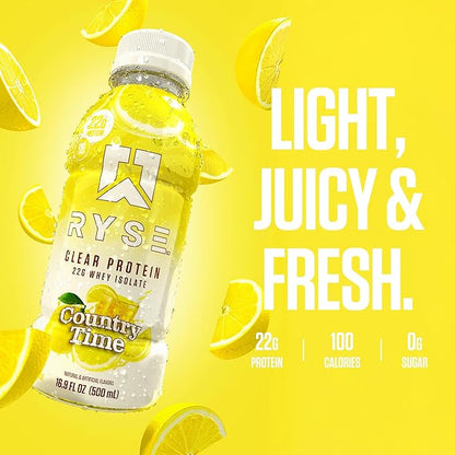 RYSE Clear Protein Drink - Country Time Lemonade - 100 Calories, 22g Whey Isolate Protein Shake, Sugar-Free, 0g Fat & Lactose-Free - Refreshing Ready-to-Drink Beverage - 16.9 fl oz Bottles (12-Pack)