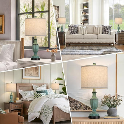 TOBUSA Farmhouse Living Room Table Lamps Set of 2, Green Rustic Vintage Table Lamps for Bedroom Nightstand, Antique Bedside Desk Lamps with Linen Shade, 22’’ Traditional Resin Lamp Sets for End Table
