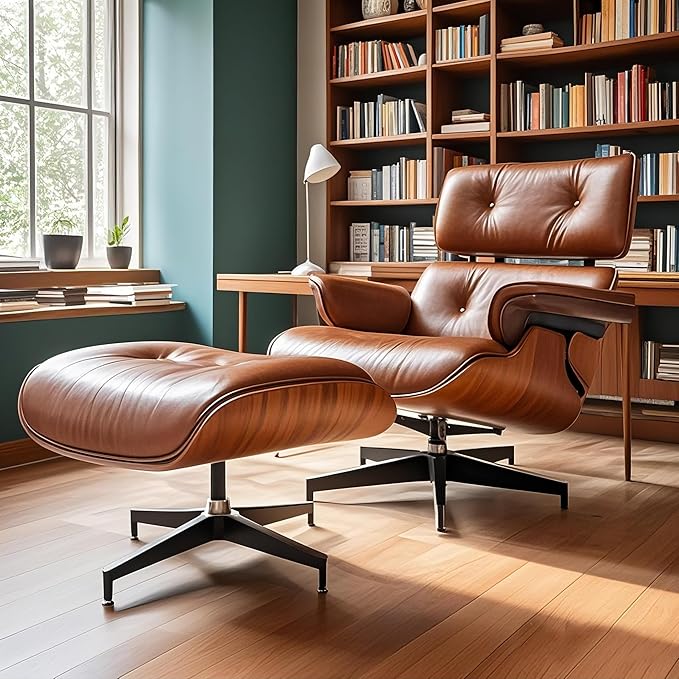 Mid Century Chaise Lounge Chair with Ottoman, Top Black Grain Leather, Modern Office Chair Classic Design, Heavy Duty Base Support for Living Room Study Lounge Office