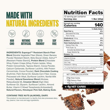 Supergut GLP-1 Boosting Prebiotic Bars, Chocolate Brownie - Gut Healthy Protein Snacks & Breakfast Bars - Keto-Friendly Meal Replacement Energy Bars (12 Count)