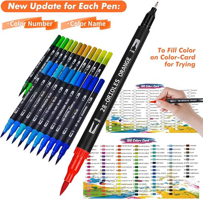 Dual Brush Pens, Markers Adult Coloring Book,100 Colors Art Pens with Fine Point Markers and Brush Tip for Adult Kids Drawing (Black Set)