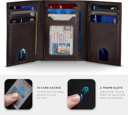 SERMAN BRANDS Trifold Wallet for Men - RFID Blocking Full Grain Leather, 11 Card Slots & ID Window, Slim Everyday Carry, Durable Stitching, Gift for Him