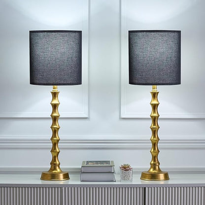 28.75" Gold Table Lamps Set of 2, Gold Buffet Lamps Set of 2 with Black Shade, Rustic Tall Skinny Nightstand Lamp for Bedroom, Living Room, Guest Room Decor