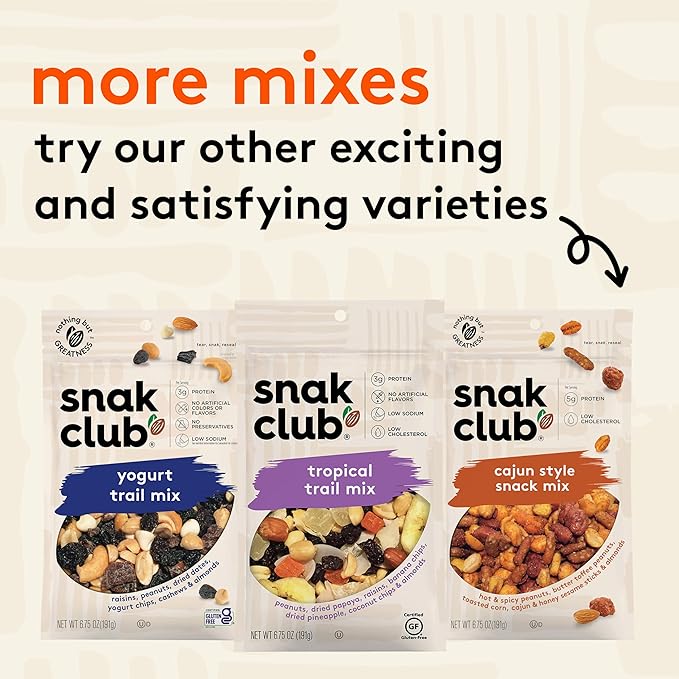 Snak Club Energizer Trail Mix with Roasted Salted Peanuts, Raisins, Chocolatey Candies, Roasted Almonds, Gluten-Free and Kosher Snack, 6.75 oz Resealable Bags, 6 Pack