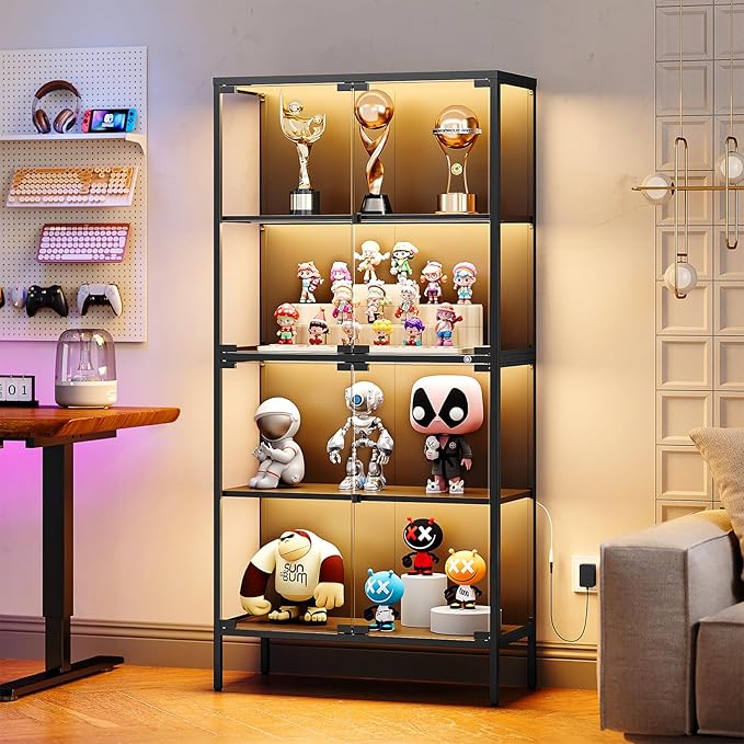 65" Glass Display Cabinet with 3-Color LED Light, Tempered Glass Display Case with 4-Tier Shelves, Metal Frame Curio Storage Cabinet for Collectibles, Figures, Awards, Book, Toy, Black