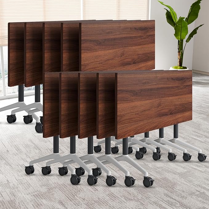 Conference Table, Folding Conference Room Table On Wheels Foldable Office Conference Table Moderen Modular Conference Training Table for Classroom Meeting(Walnut, 70.8IN, 10)