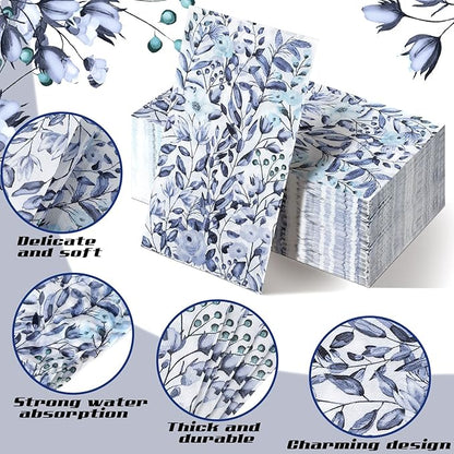 Karenhi 200 Pcs Blue Paper Hand Towels 2 Ply Blue Floral Bathroom Guest Napkins Flower Decorative Disposable Napkins Wildflower Disposable Bathroom Towels for Wedding Birthday Party Baby Shower
