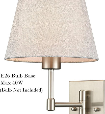 SAMTEEN Swing Arm Wall Sconces Set of Two Plug in Wall Lamp with Grey Fabric Shade and On Off Switch Wall Light for Bedside Living Room Hallway, Brushed Nickel Finish