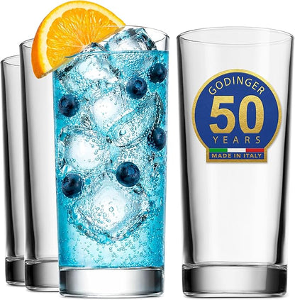 Godinger Highball Drinking Glasses, Italian Made Tall Glass Cups, Water Glasses Drinking Set, Cocktail Glasses - 14oz, Set of 4, Made In Italy