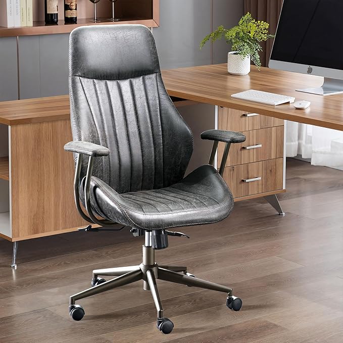 High Back Home Office Chair,Mid Century Modren Ergonomic Executive Chair,Lumbar Support Swivel Task Chair with Wheels,Computer Desk Chair Suede Fabric,350LBS (Gray)