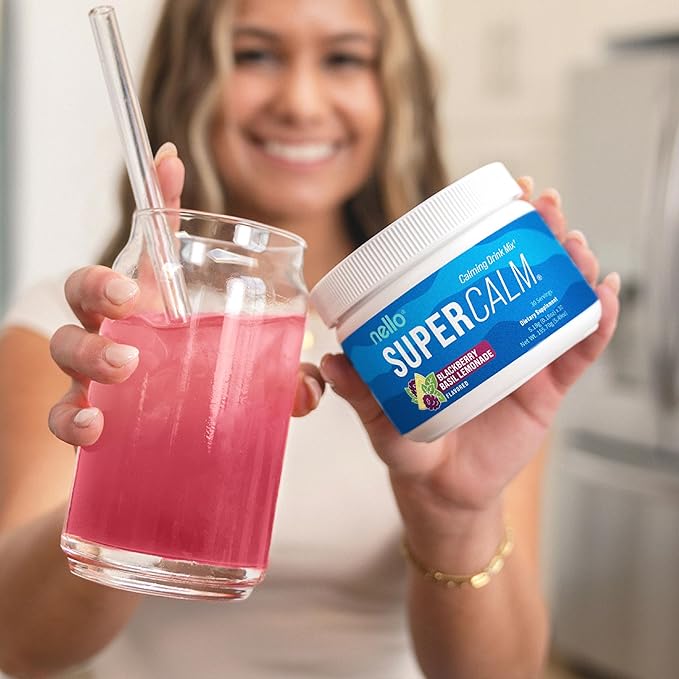 Nello Supercalm Powdered Drink Mix Tub, Cortisol Reducer* and Sleep Aid Supplement, L Theanine, Ksm-66 Ashwagandha, Magnesium Glycinate, Vitamin D 3, No Sugar, Non GMO, 30 Ct, BlackBerry Basil
