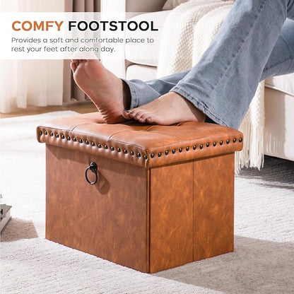Folding Storage Ottoman 16in, Small Faux Leather Foot Rest Stool with Button Tufted Rivet Design, Footstool Bench, Ottoman with Storage for Living Room Bedroom Coffee Table 242 lbs, Brown