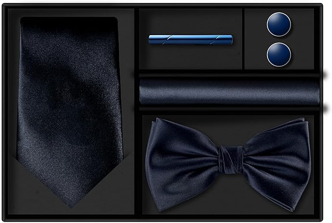 TIE G 5pcs Tie Set in WHITE OR BLACK GIFT BOX: Solid Color Necktie, Satin Bow Tie, Pocket Square, Lapel, Cuff Links
