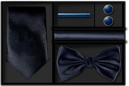 TIE G 5pcs Tie Set in WHITE OR BLACK GIFT BOX: Solid Color Necktie, Satin Bow Tie, Pocket Square, Lapel, Cuff Links