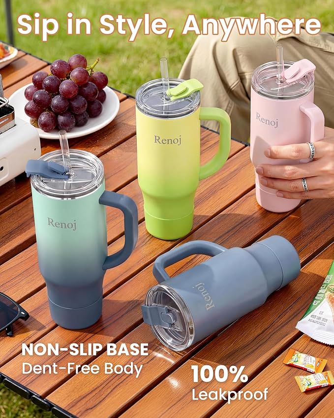 Renoj Tumbler with Handle 100% Leak Proof Insulated Water Bottle for Iced Coffee & Hot Drinks - Fits Car Cup Holder, Ideal Gift, 2 Straws & Silicone Boot BPA-Free - SnapShift Navy Blue 40 oz