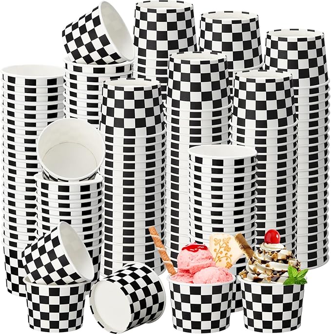 Honeydak 400 Pack 150 ml/ 5 oz Checkered Ice Cream Cups for Party Small Ice Cream Cups Disposable Treat Paper Cups Dessert Snacks Sundae Yogurt Container Wedding Birthday Party Supplies