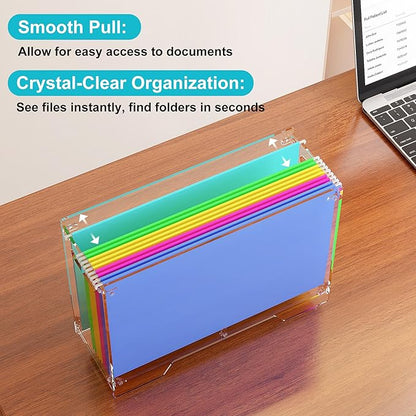 Clear Hanging File Folder Box - for Legal Size - Sturdy Vertical Acrylic Magazine Rack Desk File Organizer with Handle, Transparent Storage Bin for Office Classroom, Assembly Required