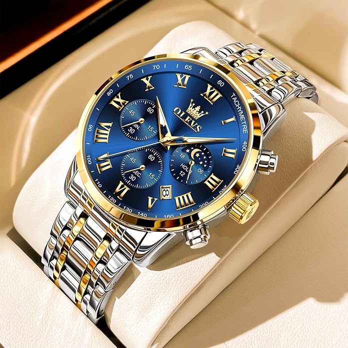 OLEVS Mens Stainless Steel Chronograph Watch, Big Face Roman Numerals Date Analog Quartz Dress Watches for Men, Fashion Multifunctional Waterproof Luminous Hands Men's Wristwatch