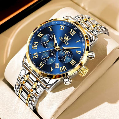 OLEVS Mens Stainless Steel Chronograph Watch, Big Face Roman Numerals Date Analog Quartz Dress Watches for Men, Fashion Multifunctional Waterproof Luminous Hands Men's Wristwatch