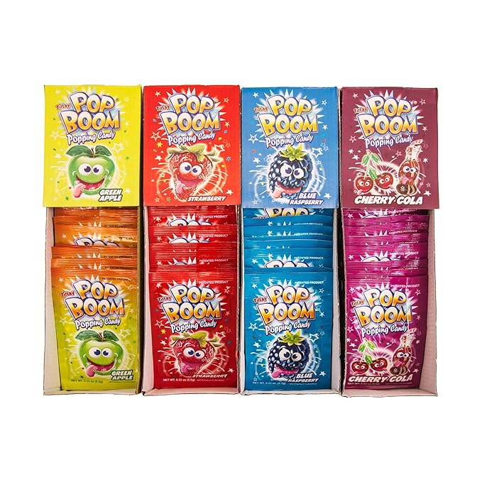 Tiltay Pop Boom Popping Candy – 4 Flavor Assortment, Strawberry, Cherry Cola, Green Apple, Blue Raspberry - 12 Packs