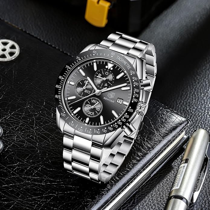 BY BENYAR Watch for Men Analog Quartz Chronograph Waterproof Luminous Designer Mens Wrist Watches Business Work Sport Casual Dress Watch with Silicone Strap Elegant Gifts for Men