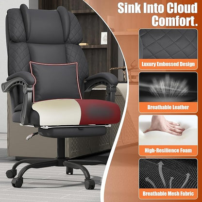 Ergonomic Office Chair with Footrest, 400lbs High Back Executive Home Office Computer Chair with Unique Ear-Shape Headrest for Neck Support,Black Leather Office Chairs for Home Office Work