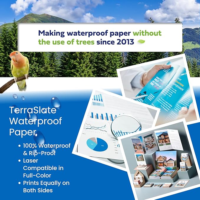 TerraSlate Waterproof Paper - Hydronote 54lb Multipurpose Copy Paper 8.5” x 11”, Bulk White Paper, 500 Sheets, Inkjet Printer and Laser Printer Paper Compatible - Weather/Rain Proof, Durable