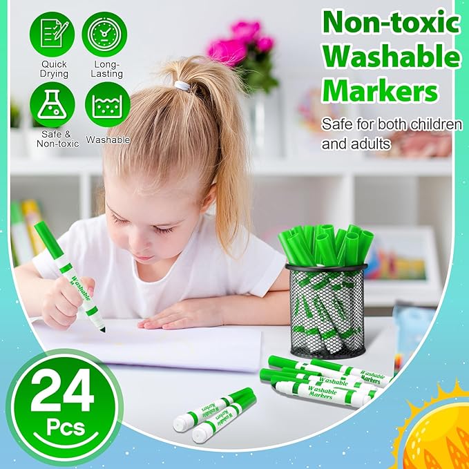 Janlaugh 24 Pcs Washable Markers Bulk Broad Line Markers Coloring Conical Tip Large pens for Kids art projects, Teachers, Students, Toddlers, Party Favors, Classrooms, Donations(Light Green)
