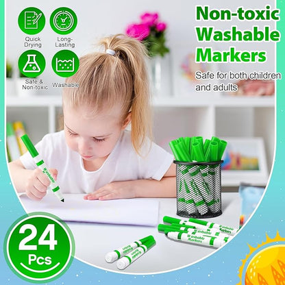 Janlaugh 24 Pcs Washable Markers Bulk Broad Line Markers Coloring Conical Tip Large pens for Kids art projects, Teachers, Students, Toddlers, Party Favors, Classrooms, Donations(Light Green)