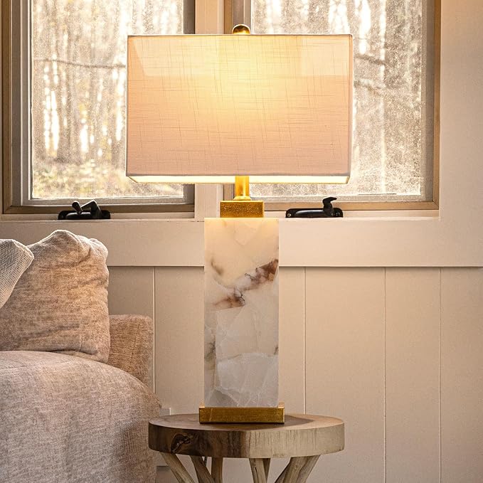 JONATHAN Y JYL6201A Elizabeth 27.5" Alabaster LED Table Lamp Coastal Contemporary Bedside Desk Nightstand Lamp for Bedroom Living Room Office College Bookcase LED Bulb Included, White/Gold Leaf