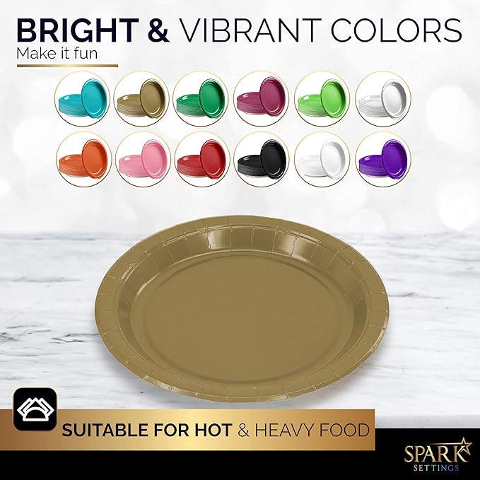 Gold Paper Plates, 6 3/4 Inch Dessert Plates, Strong & Sturdy for Parties, Dinners, Holidays, Picnics & Travel - Pack of 50