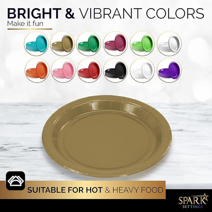 Gold Paper Plates, 6 3/4 Inch Dessert Plates, Strong & Sturdy for Parties, Dinners, Holidays, Picnics & Travel - Pack of 50