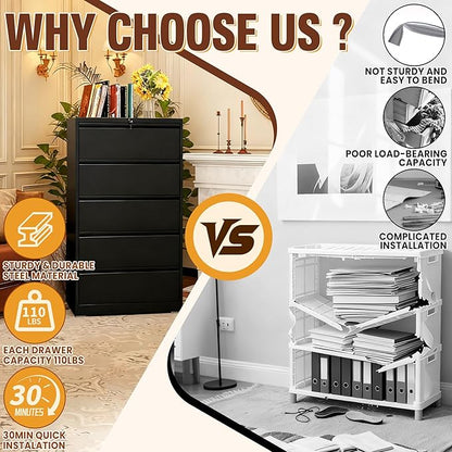 5-Drawer Lateral File Cabinet with Lock, Black Metal Filing Cabinet for Office or Home – Secure Storage for Letter/Legal/A4/F4 Documents, Easy to Assemble Locking File Organizer (Black, 5 Drawer-64"H)