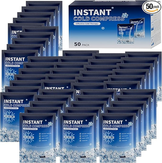 50 Instant Ice Cold Packs, 4.4" x 6" Disposable Ice Packs for Injuries, Pain Relief, No Freeze Needed Cold Compress for First Aid, Athletes