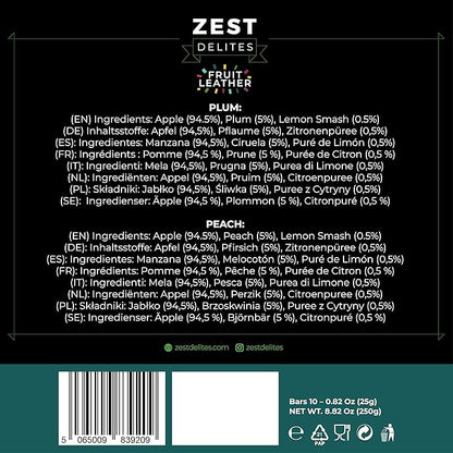 Fruit Snacks by Zest Delites, Dried Fruit Leather Bars, Healthy Snacks for Adults & Kids, Gluten Free Apple-Based Strips, Vegan, Peach, Plum, 0.88 oz x 10