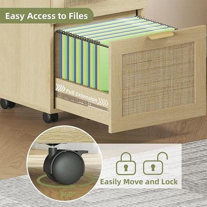 HOPUBUY 3 Drawer File Cabinet with Lock, Rattan File Cabinets with Wheels, Small Filing Cabinet for Hanging A4/Letter/Legal/F4, Rolling Wood Filing Cabinets for Under Desk Home Office, Oak