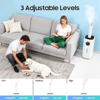 5.5Gal/21L Large Humidifiers, Quiet Whole House Humidifier for 3000 sq.ft, Cool Mist Top Fill Humidifier with 3 Mist Levels, Extension Tube, 2000ML/H Dual 360° Nozzles, Wheels & Remote Control