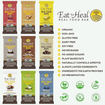EatToHeal Chocolate Chip Real Food Bar - Organic Vegan Healthy Gluten Free Protein Bars - Low Sugar Meal Replacement Bar, Non GMO, Never Baked, Plant Based - Crafted to Enjoy, Not Sit on Shelves
