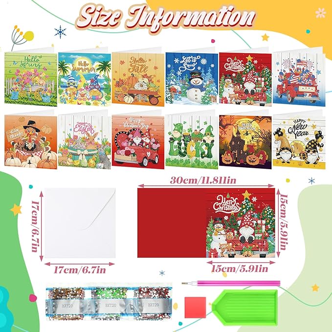 Saillong 12 Pack Valentine's Day Diamond Painting Greeting Card Kit Holiday Diamond Art Cards with Envelopes Season 5D Rhinestones Painting Making Kits for Adult DIY Craft Family Friend Holiday Gift