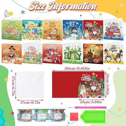 Saillong 12 Pack Valentine's Day Diamond Painting Greeting Card Kit Holiday Diamond Art Cards with Envelopes Season 5D Rhinestones Painting Making Kits for Adult DIY Craft Family Friend Holiday Gift