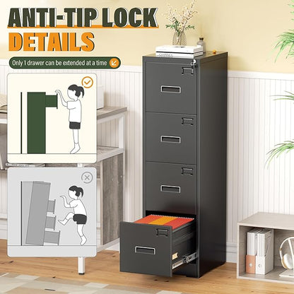 Greenvelly 4 Drawer File Cabinet,Locking Metal Vertical File Cabinet,Office Steel Filing Cabinet for Hanging Letter/Legal Folders,Assembly Required,Black,18" D x 15" W x 52" H