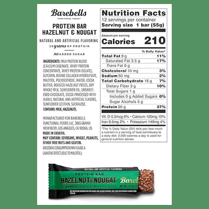 Barebells Protein Bars Hazelnut & Nougat - 12 Count, 1.9oz Bars - Protein Snacks with 20g of High Protein - Chocolate Protein Bar with 1g of Total Sugars - On The Go Protein Snack & Breakfast Bars