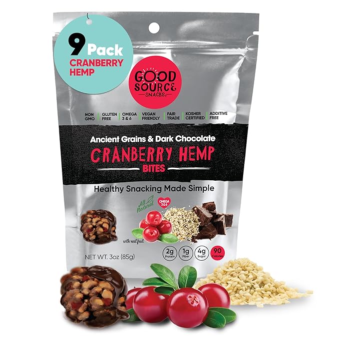 Good Source Snacks Dark Chocolate Bites & Ancient Grains, Cranberry Hemp, 9 Pack, 3 oz, Vegan, Gluten Free, Non GMO, Kosher Protein Bites