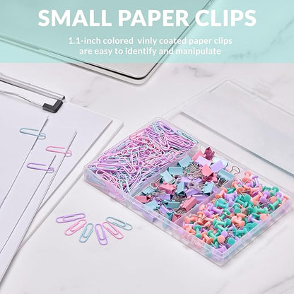 350pcs Paper Clips Binder Clips and Push Pins Set, Small Clips Office Supplies in Compartments Container for Multipurpose Document Organization (Pastel)