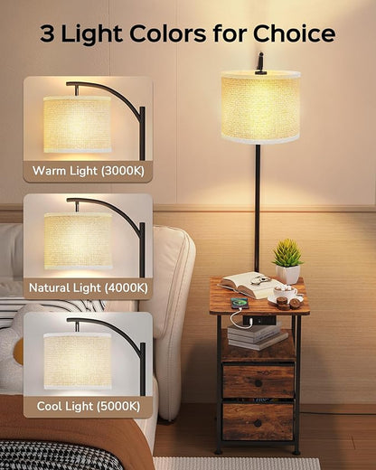JACKYLED Floor Lamp with Table & 2 Drawers, 3-Color End Table Flood Lamp with Charging Station (USB, Type-C, AC), Vintage Side Table with Lamp for Reading, Bedroom, Living Room, Paper String Shade