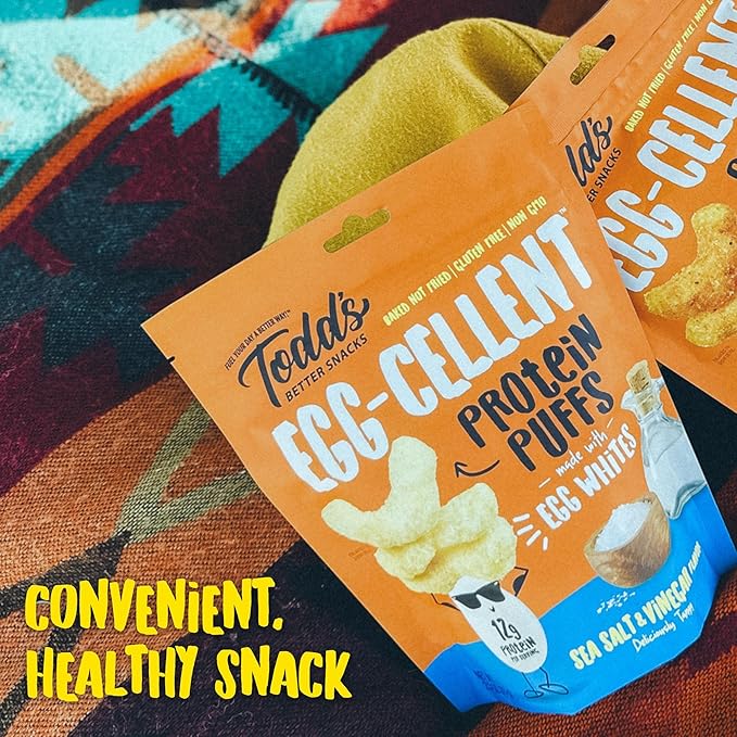 Todd's Better Snacks Egg-Cellent Protein Puffs, Sea Salt & Vinegar – 12g Protein, Gluten-Free, Paleo-Friendly, Baked, GLP-1 Compliant – Healthy Snack, Made with Egg Whites – 2.5 Oz (Pack of 4)